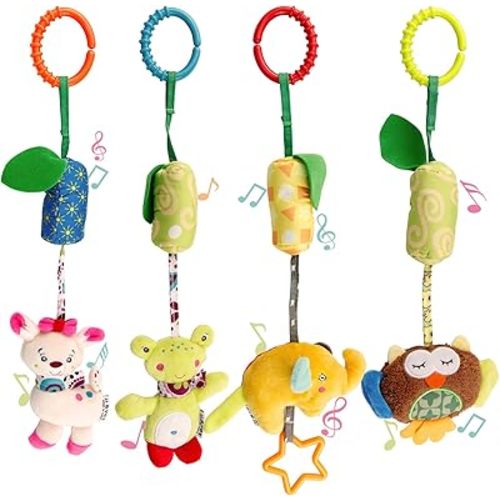 4 Packs Baby Stroller Toys Car Seat Hanging Bell for Boys Girls,Adorable Animal Infant Play Music Crib Toy Carseat Rattles Educational Toys,Kids Hand Bell Puppet with Cute Wind Chime and Squeak
