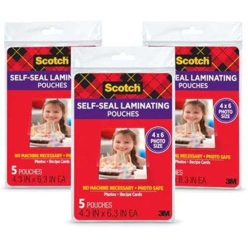 Scotch Self-Sealing Laminating Pouches, 4 x 6 Inches, 3-Pack of 5 Pouches – No Machine Needed, Clear, Photo Safe