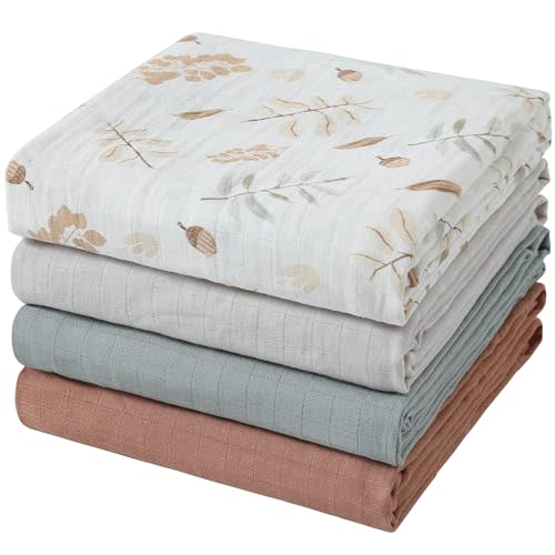 POMISO Muslin Swaddle Blankets for Boys & Girls, 4 Pack Receiving Baby Blanket for Newborns, Large 47 x 47 Inches, Soft Breathable Baby Swaddles, Acorn & Earthy Colors