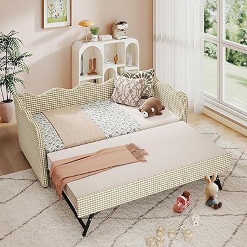 Twin Size Daybed with Pop Up Trundle, Twin to King Gingham Daybed with USB, Upholstery Adorable Wave Shaped Linen Sofa Bed, No Box Spring Needed, Extendable Day Bed for Bedroom, Living Room, Brown