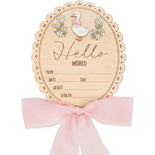 Hello World - Letrero de anuncio de bebé de madera, estadísticas de nacimiento de niña con diseño floral de lazo rosa, accesorio para foto de recién nacido, decoración de recuerdo (ganso)