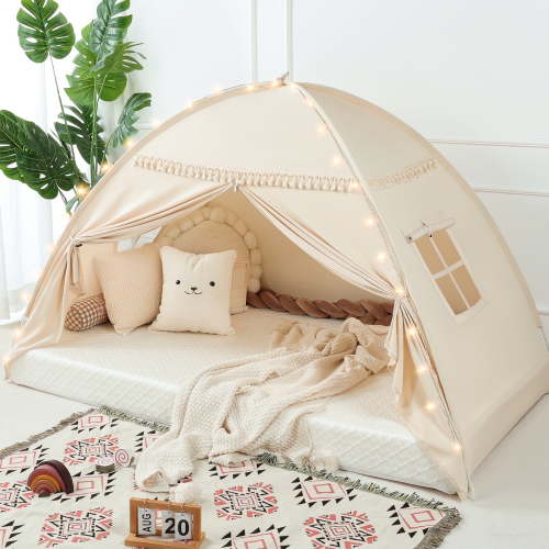 SweHouse Toddler Bed Canopy Lights & Flags Sleeping Playhouse Tent, Portable Indoor Privacy Play Space. Foldable Drafty Room Play Tent for Boys & Girls, Kids Birthday Gifts (Golden Beige)