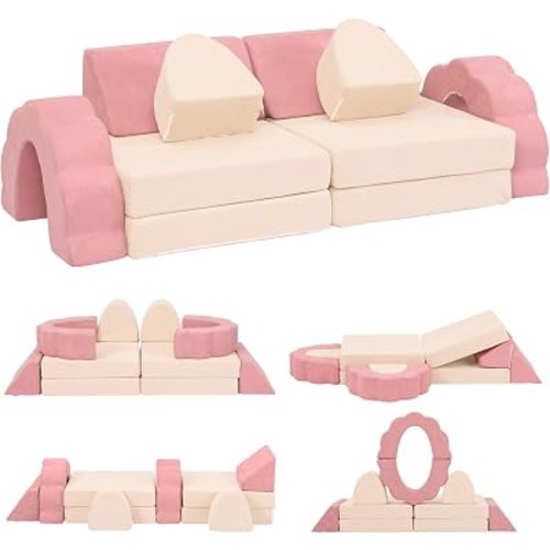 10-Piece Mini Kids Play Couch, Modular Flower Foam Sofa, Convertible Soft Play Sofa with Washable Cover, Indoor Climbing Furniture for Playroom, Pink & Beige