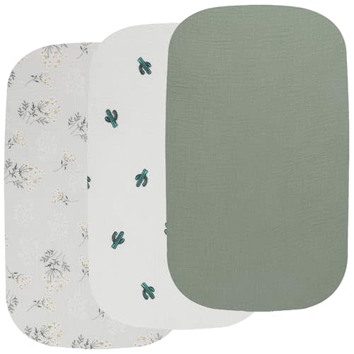 Onacosht Muslin Bassinet Sheets 3 Pack, 100% Cotton Baby Fitted Sheet 33" x 19" Compatible with Mika Micky, KoolaBaby (3 in 1), BabyBond, HARPPA and RICUTON Bedside Bassinet, Green, Floral and Cactus