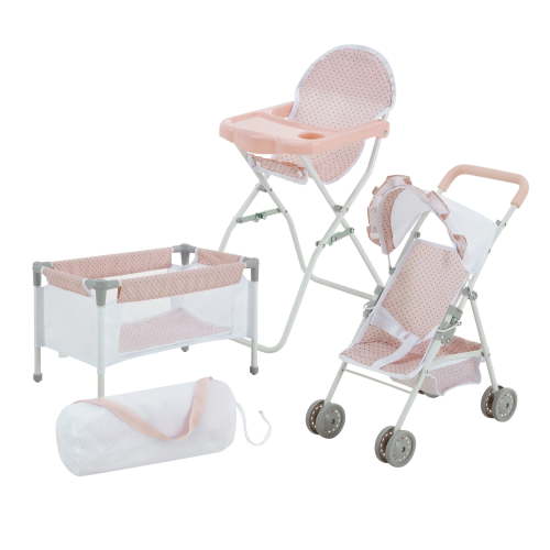 Olivia's Little World Polka Dot Princess Baby Doll 3pc Nursery Set with Crib, High Chair & Stroller