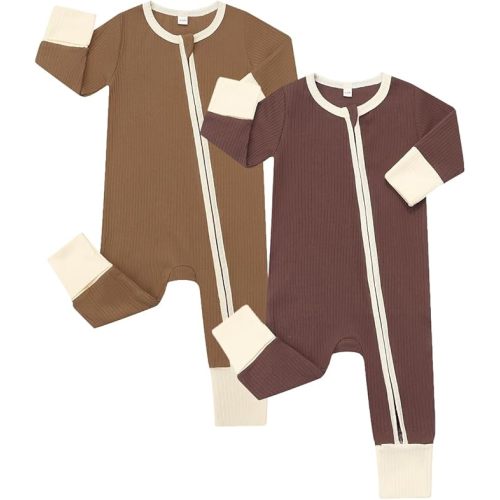 Bafeicao Baby Boy Girl 2 Pack Rompers with Mitten Cuffs, Ribbed Cotton 2 Way Zipper Romper One Piece Jumpsuits Clothes