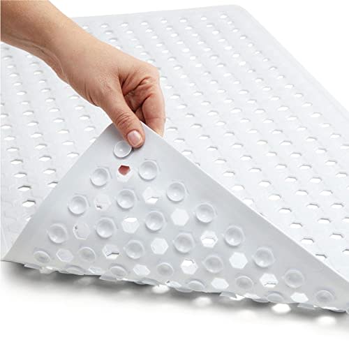 GORILLA GRIP Patented Bath Tub Shower Mat, Machine Washable Bathtub Floor Liner Mats, Suction Cups and Drain Holes to Keep Tubs Clean, Soft on Feet, Bathroom Essentials, 35x16 Inch, White