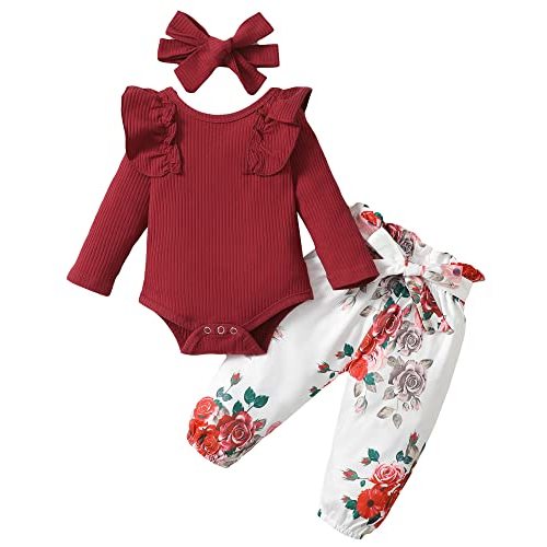 veikimous Newborn Baby Girl Clothes Infant Girls Outfits Ruffle Sleeve Romper Bodysuit Floral Pants Toddler Baby Girl Outfits