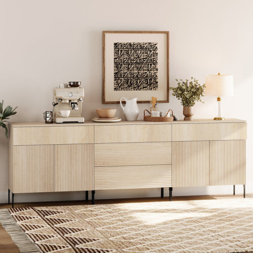 Union Rustic Aadham 94.5" Modern Reeded Minimalist Sideboard With Doors And Drawers, 3-In-1 Wooden Credenza Storage Cabinet For Kitchen, Dining Room & Reviews | Wayfair