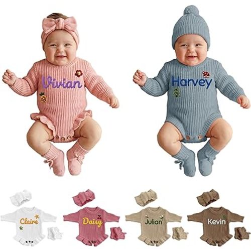 Personalized Baby Knit Bodysuit - Custom Hand-Embroidered Name Newborn Gift - Soft Infant Pullover Romper with Matching Hat Socks - Coming Home Outfit for Baby Boy Girl - 0-18M