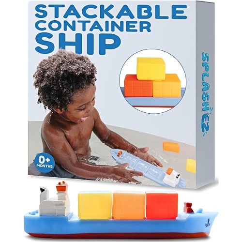 SplashEZ Boat Bath Toy for Kids | Mold Free Floating Toddler Bath Toys With No Hole for Water | Boat Ship Containers Ideal Size for Little Hands | Safe Durable for Tub Fun for Boys & Girls Ages 0 & Up