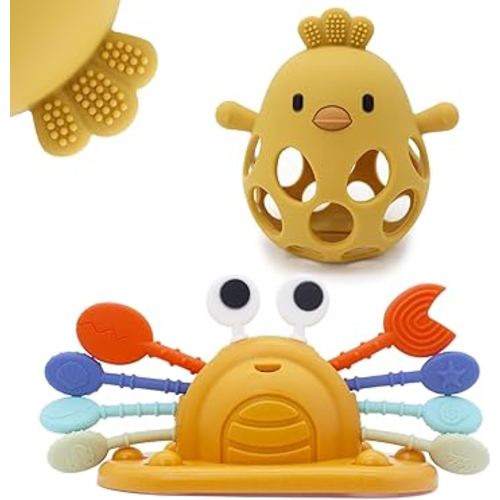 Baby Suction Toys High Chair Teething Toys - Baby Teething Chew Toys Silicone Teethers, Food Grade Silicon for 6 12 18 Months (Yellow)