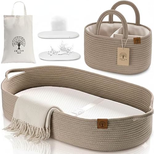 Baby Changing Basket Includes Diaper Caddy - Soft & Waterproof Dual-Cover, Portable, Changing Pad for Dresser & Changing Table, Gift for Baby Shower, Organic Cotton Rope