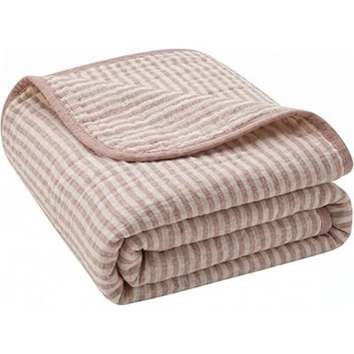 Ultra Soft Muslin Baby Blanket - Made with Organic Cotton, Earthy Botanicals Jacquard Swaddle & Crib Quilt, 43x43 (Dusty Pink Stripes)