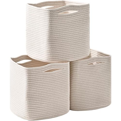 13 Inch Cube Closet Storage Bins, Woven Cotton Rope Organizer Baskets for Organizing & Shelves, Books, Towels, Clothes, Toys, 13x13x13 in, Off White (Pack of 3)