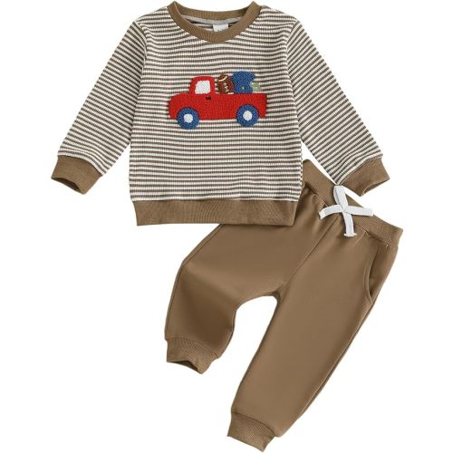 fhutpw Baby Toddler Boy Girl Fall Winter Clothes Embroidery Stripe Pullover Pants Sets Infant Long Sleeve Sweatshirt Outfits