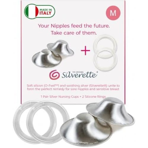 SILVERETTE The Original Silver Nursing Cups, Nipple Covers for Breastfeeding Essentials, Pure 925 Silver Nipple Shields for Breastfeeding Newborn, M Size with O-Feel Silicone Rings
