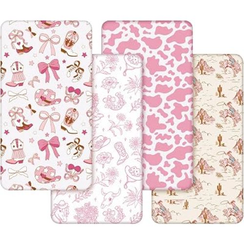 4 Pcs Pink Western Cowgirl Crib Sheet for Nursery Decor