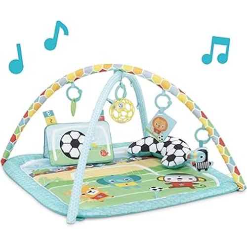 Bright Starts Grip & Kick Oball Activity Gym, Soccer Theme with Easy-Grasp Baby Toys, Baby Play Gym, Kick Pad with Activated Lights & Tummy Time Pillow, Unisex, Newborn+
