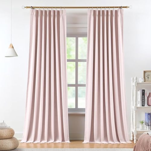 Vision Home Soft Pink Pinch Pleated Full Blackout Curtains Linen Blended Room Darkening Curtain Panels 95 inch for Living Room Bedroom Thermal Insulated Pinch Pleat Drapes with Hooks 8FT 40" Wx95 Lx2