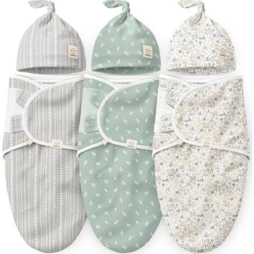 KeaBabies 3-Pack Organic Swaddles for Newborns Girls, Boys with Hats - Soft Cotton Baby Sleep Sacks 0-3 Months, Breathable Baby Hats and Swaddles 0-3 Months, Newborn Essentials Must Haves (Prairie)