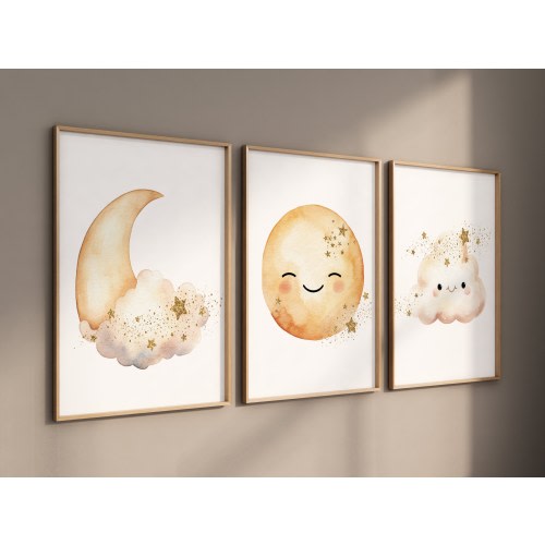 Moon and Clouds Nursery Prints: Gender Neutral Baby Wall Art