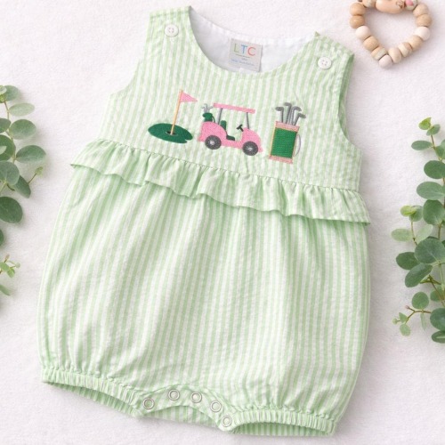 Golf Baby Romper | Green Seersucker Baby Girl Romper | Golf Theme Baby Outfit | Ruffle Bubble | Toddler Golf Sunsuit