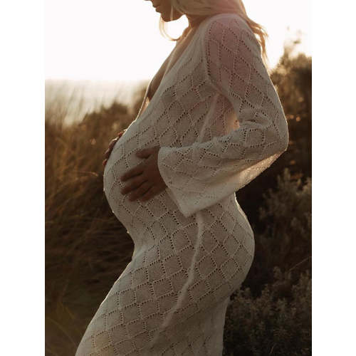 Momyknows White Knitting Backless Tie Back Deep V-neck Photoshoot Maternity Maxi Dress