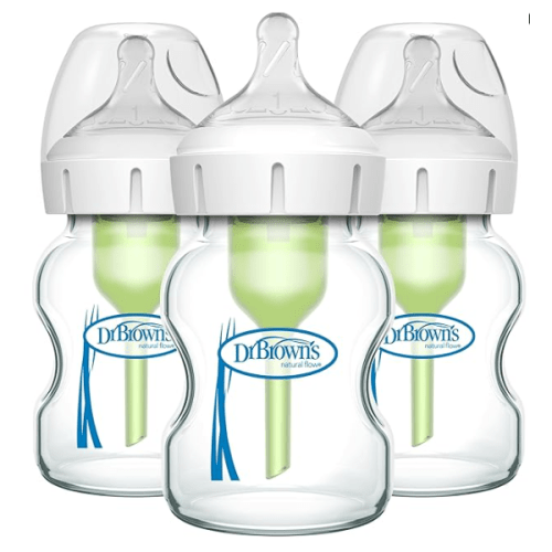 Dr. Brown's Natural Flow Anti-Colic Options+ Wide-Neck Glass Baby Bottles 5 oz/150 mL, with Level 1 Slow Flow Nipple, 3 Pack, 0m+