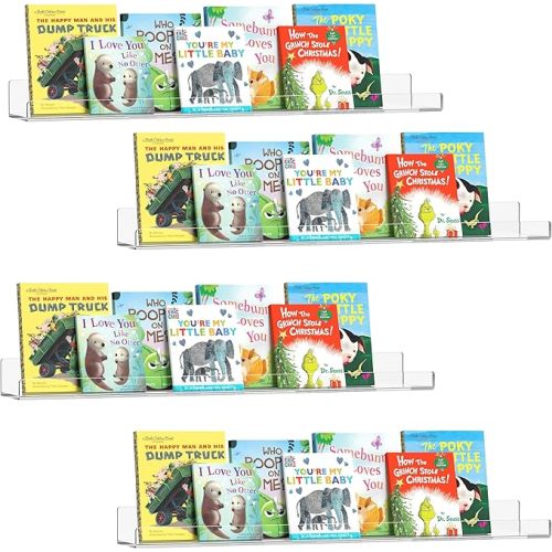HBlife 24 Inches Invisible Wall Floating Bookshelf for Kids and Nursery, 16 Inch Stud Spacing Clear Acrylic Shelves for Figures, 4 Pack (5MM Thick)