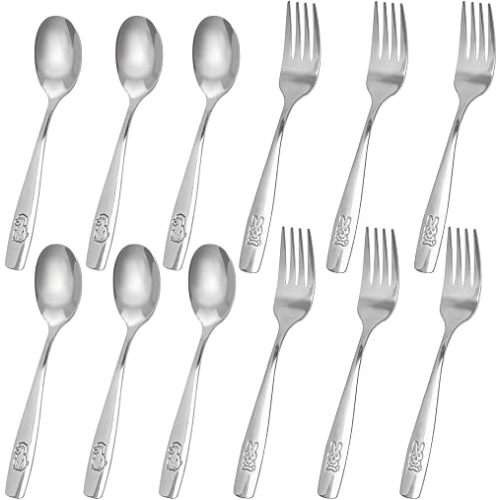 12PCS Toddler Utensils, Stainless Steel Kids Silverware, Safe Toddler Forks and Spoons, Mirror Polished, Dishwasher Safe, with Bunny & Puppy Motifs, Fun Stocking Stuffers for Kids