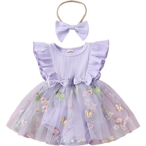 Douhoow Baby Girls Romper Dress Baby Dress Romper 3D Flowers Mesh Skirt Hem Infant Girl Summer Clothes with Headband