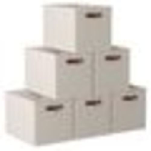 Ornavo Home Foldable Collapsible Storage Box Bins Linen Fabric Shelf Basket Cube Organizer with Leather Handles - Set of 6 - 13 x 15 x 13 - Beige, Size:13" x 15" x 13"