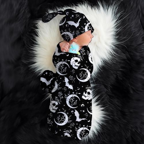 Bats and Skulls Goth Swaddle Blanket, Goth Baby Swaddle, Witchy Skull and Bat Blanket + Headband or Hat, Heavy Metal Baby