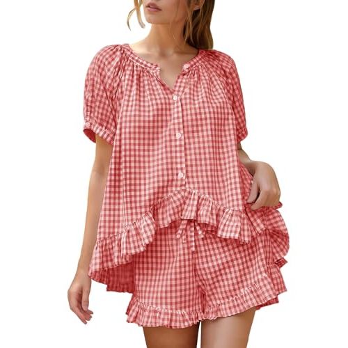Flygo Cotton Pajamas for Women Gingham Set Lounge Sets | 100% Cotton, Plaid, Babydoll Top, Relaxed Fit, Puff Sleeve, Shorts, Pockets, Summer, Sleepwear, Vacation, Wedding, Parties
