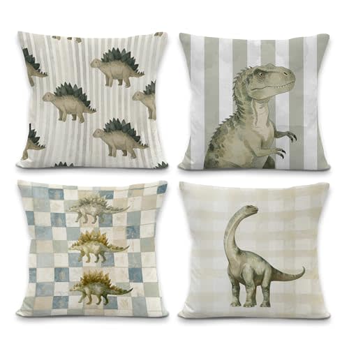 Dinosaur Nursery Throw Pillow Covers, Dinosaur Room Decor, Sage Green Dino Decorative Pillowcases Cushion Cases for Kids Boy Nursery Bedroom Playroom Decor, 18x18 Pillow Covers, Set of 4