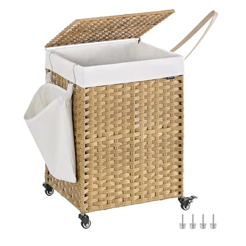 SONGMICS Rolling Laundry Hamper with Lid, 120 L Synthetic Rattan | Laundry Basket with Wheels, Removable Liner, 18.1 x 15.8 x 26 Inches,Natural， ELIOTT Collection ULCB161Y01