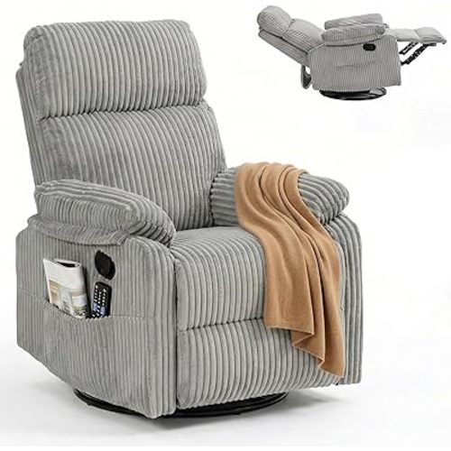 Gray Very Soft Rocking Chair Nursery Recliners, Small Recliner Rocking Chair for Small Spaces, Manual Swivel Glider Recliner for Living Room Bedroom Office, Corduroy, Adjustable Backrest (Grey)