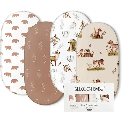 Gllquen Baby Bassinet Sheets 4 Pack, Breathable Cozy Fitted Mattress Sheet, Elastic Travel Crib Fashionable Floral Pattern, Standard Cradle Safe Sheets for Baby Boy Girls 32"X16" (Bear)