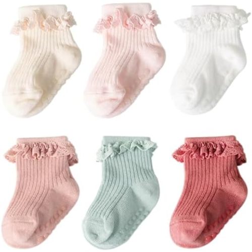 DRESHOW BQUBO Baby Girls Toddler Girls Anti Slip Socks Cute Frilly Ruffle Socks Grip Ankle Baby Socks for Infant Toddler