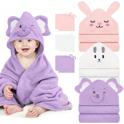 9 PCS Baby Bath Towels for Infants Toddlers Essentials, Purple | 3 PCS Baby Towels & 6 PCS Washcloths Set, Cute Animal Hooded, Ultra Absorbent & Soft, Newborn Shower Gifts for Boys & Girls