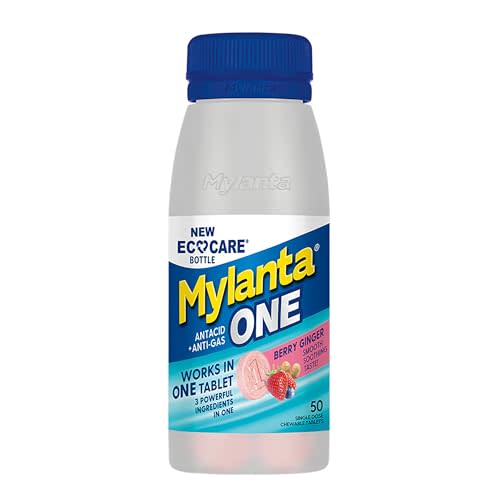 Mylanta One Antacid Tablets, Berry Ginger, Fast Relief, 50 Ct | Chewable antacid tablets relieve heartburn, gas, bloating, and acid indigestion · Berry Ginger flavor · 50 count EcoCare pack