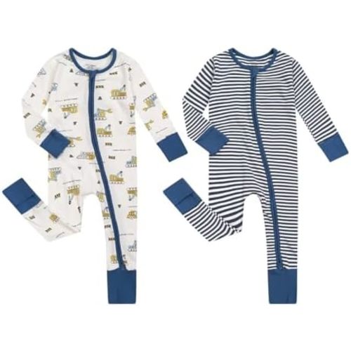 Teach Leanbh Unisex Baby 2 Pack Cotton Pajamas with Mittens and Feet Cuffs 2 Way Zipper Long Sleeve Romper Sleep and Play