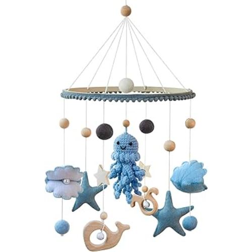 Baby Crib Mobile for Girls Boys, Ocean Theme Baby Mobile for Crib, Crochet Felt Octopus Whale Starfish Nursery Mobile for Bassinet, Nursery Decor