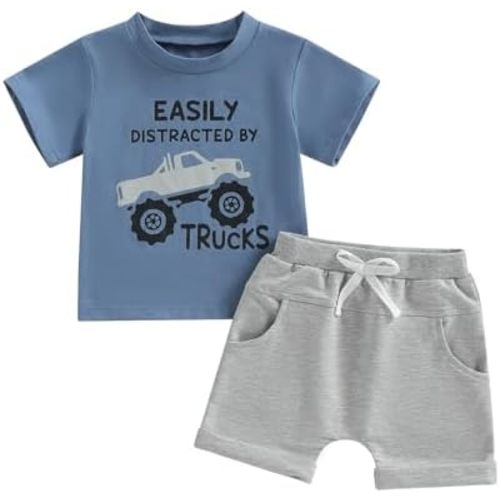Toddler Baby Boy Clothes Summer Short Sleeve Trucks Tractors Print T-Shirt Tops Solid Color Shorts Set Casual Outfit