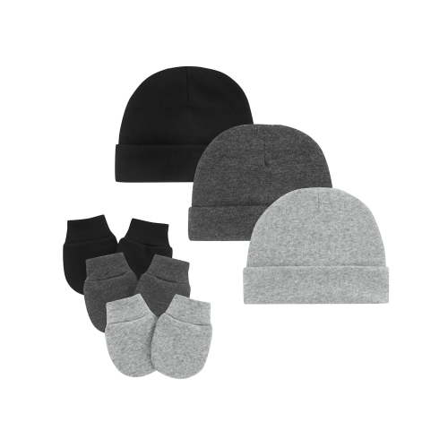 Baby Hats Mittens Set Newborn Cute Cotton Cap Baby No Scratch Gloves for Infants 3 Sets Black&Grey&Black Grey 0-6 Months