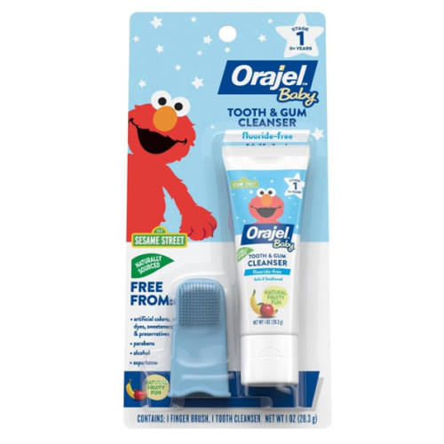 Orajel Baby Elmo Tooth & Gum Cleanser Fluoride-Free, 1 Finger brush, 1 Toothpaste 1oz; #1 Pediatrician Recommended Fluoride-Free Toothpaste*