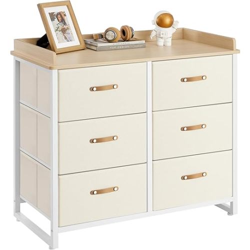 SONGMICS Kids Dresser with 6 Drawers, Boys Girls Dresser, with Water-Resistant Tabletop, Storage Organizer Cabinet, for Bedroom Hallway, Beige UGKR101K01