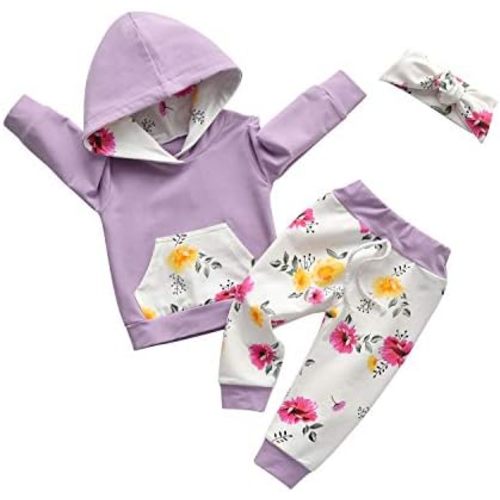 Eghunooy Baby Girl Clothes Long Sleeve Floral Hoodie Sweatshirt Pants with Pocket Headband Outfit Sets