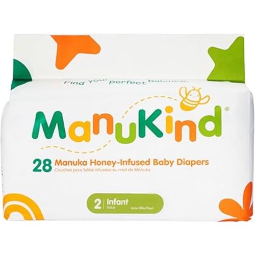 ManuKind Baby Diapers, Manuka Honey Infused, Ultra Soft, Plant-Based Materials, Quick-Dry Comfort, Leak Guard Protection, Size 2 – 28 Diapers